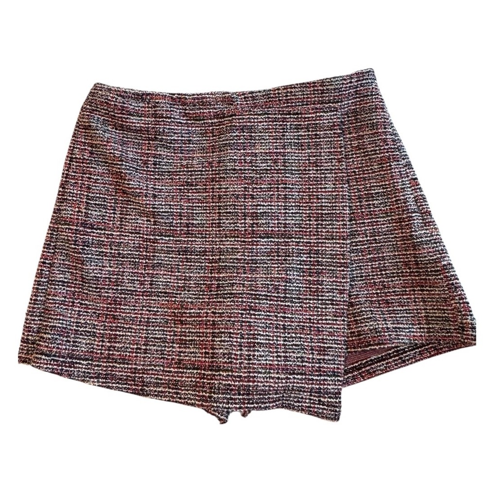 Priceless Womens Burgundy Plaid Tweed Wrap Front High Waisted Skort Size M
